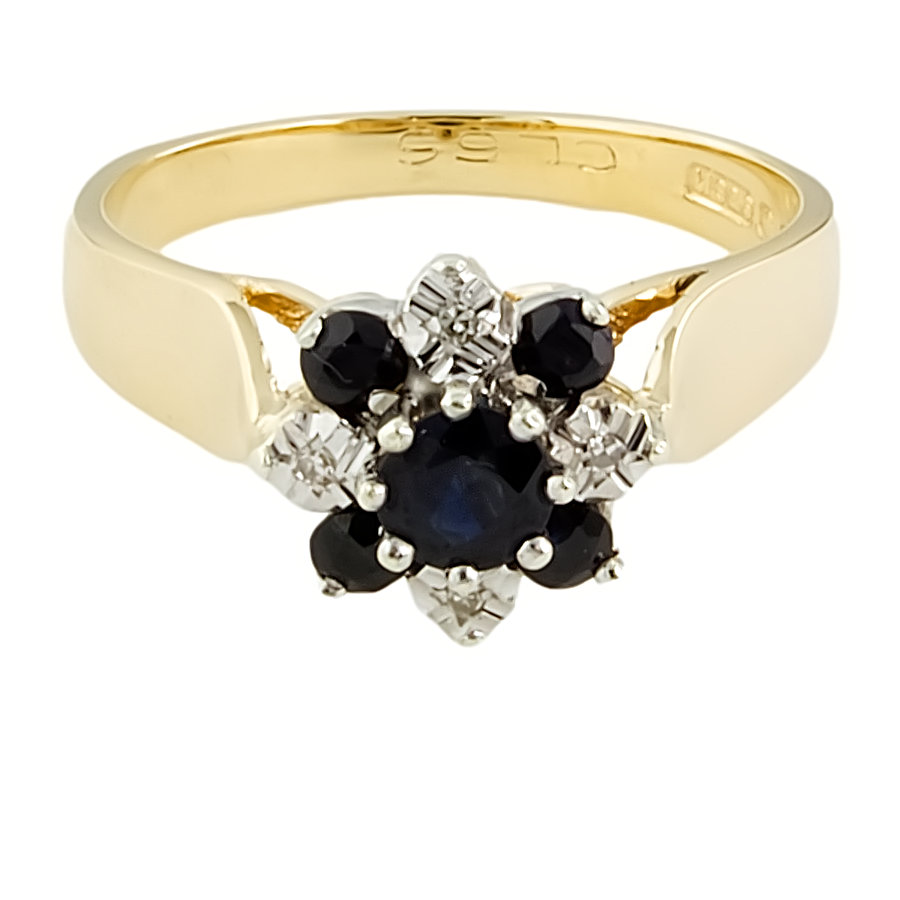 9ct gold Sapphire/Diamond Cluster Ring size M